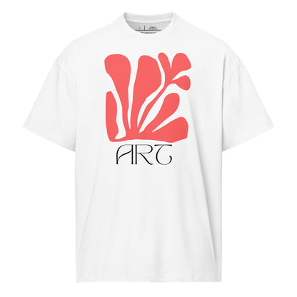White t-shirt with red abstract design and 'ART' text on a white background