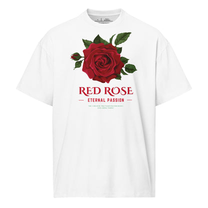 White t-shirt with a red rose graphic and text on a white background