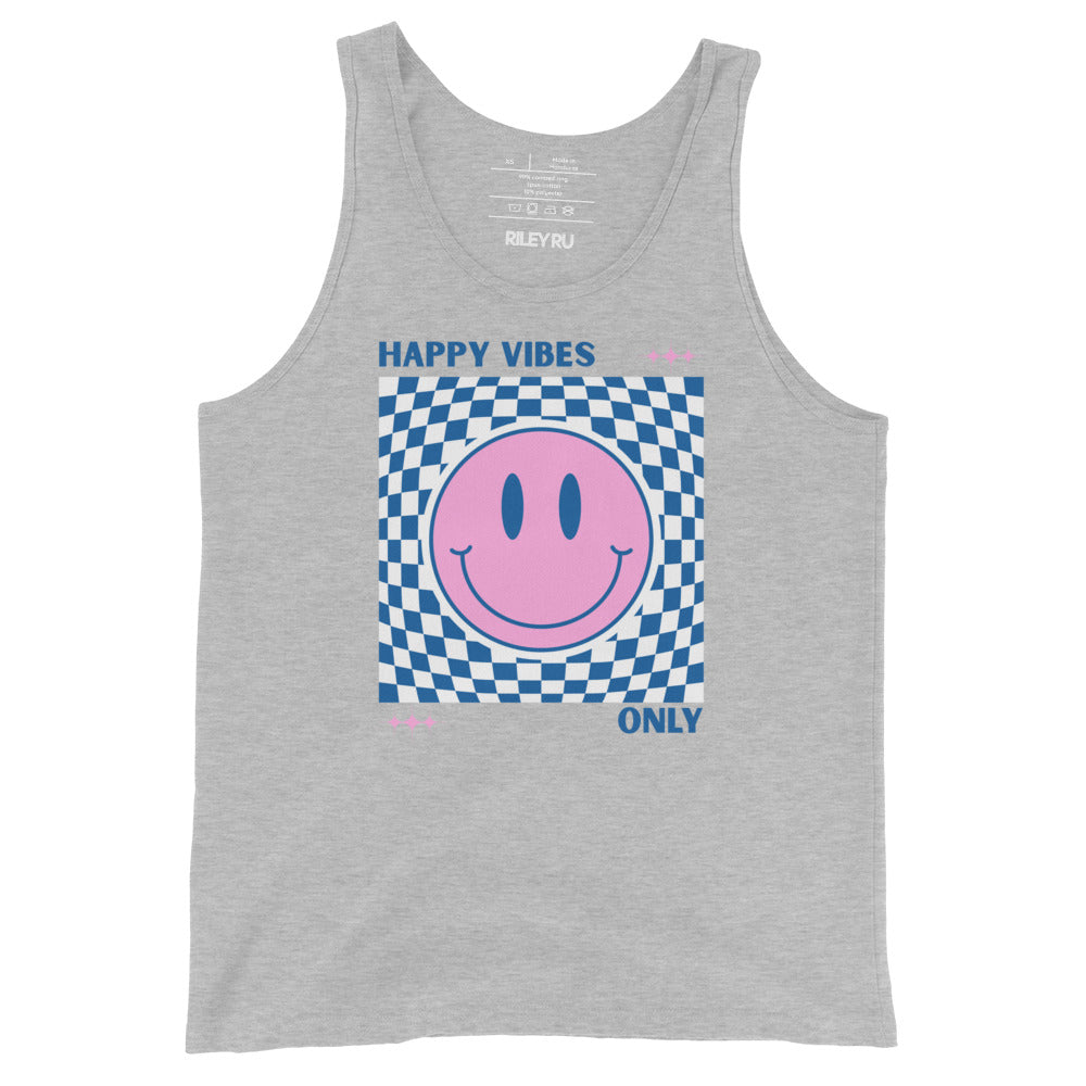 Gray tank top with a pink smiley face and 'Happy Vibes Only' text on a checkered background