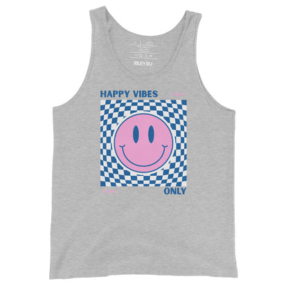 Gray tank top with a pink smiley face and 'Happy Vibes Only' text on a checkered background