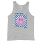 Gray tank top with a pink smiley face and 'Happy Vibes Only' text on a checkered background