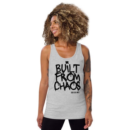 Woman wearing a gray tank top with 'Built from Chaos' text on a white background