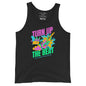 Black tank top with colorful graphic and text on a white background