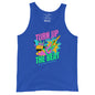 Blue tank top with colorful graphic and text on a white background