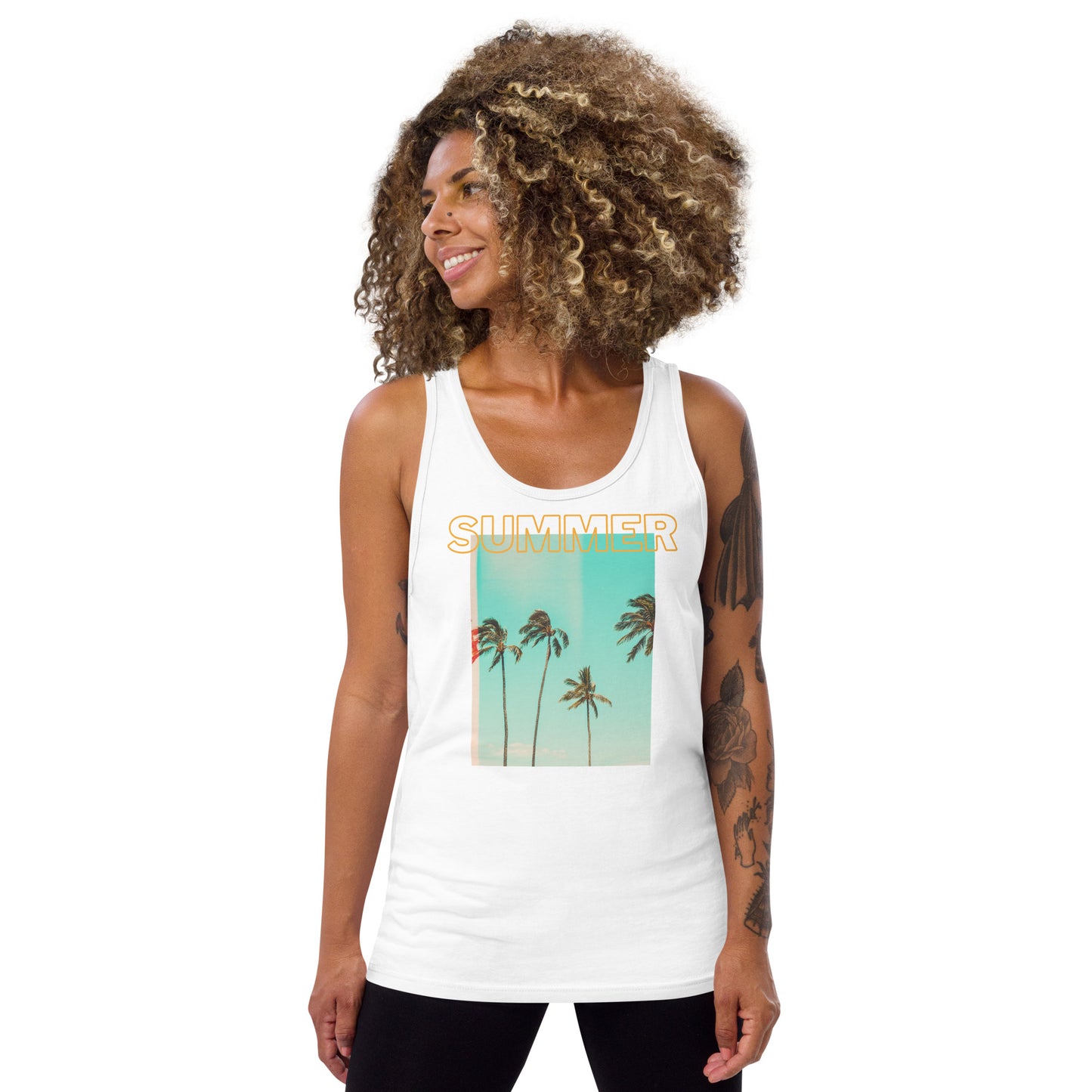 Woman wearing a white tank top with a palm tree design and 'Summer' text on a white background