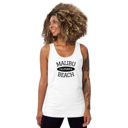 Woman wearing a white tank top with 'Malibu California Beach' text on a white background