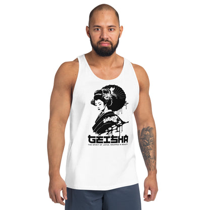 Man wearing a white tank top with a Geisha design and text on a white background