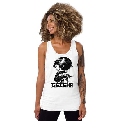 Woman wearing a white tank top with a Geisha design and text on a white background