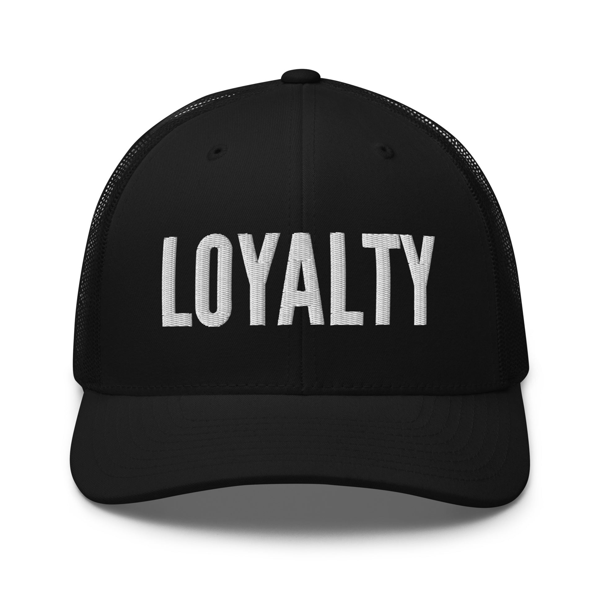 Black cap with 'LOYALTY' printed on it against a white background