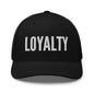 Black cap with 'LOYALTY' printed on it against a white background