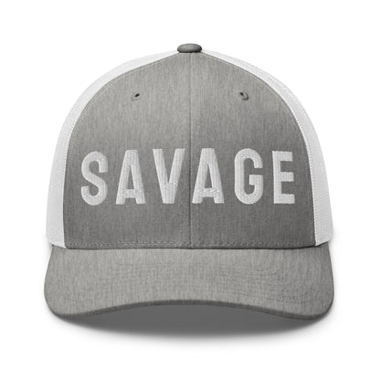 Gray and white cap with 'SAVAGE' text on a white background