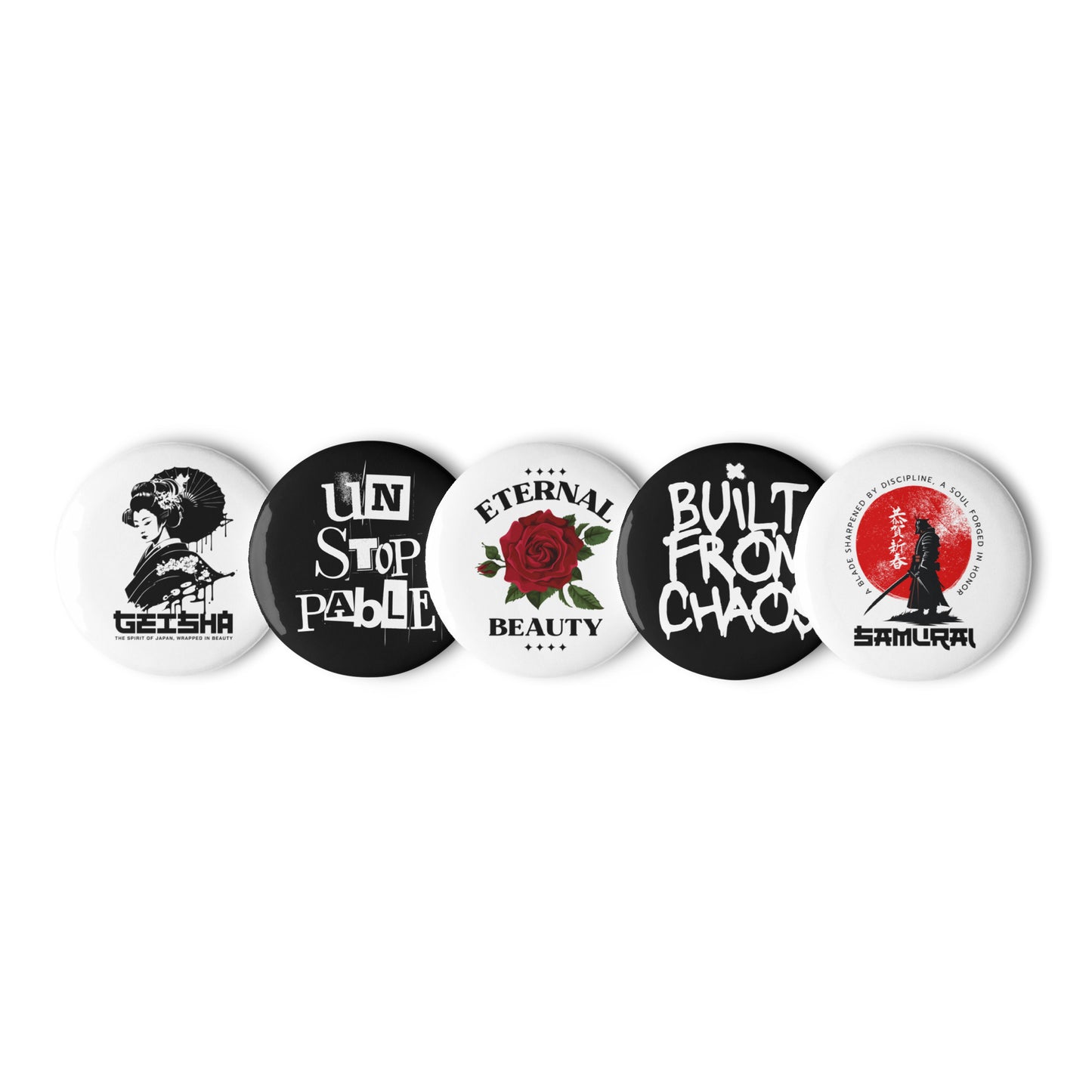 Set of five buttons with various designs and text on a white background
