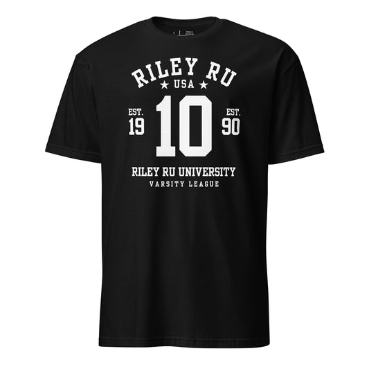 Black t-shirt with white text 'Riley RU USA 10 90 Riley RU University Varsity League' on a white background