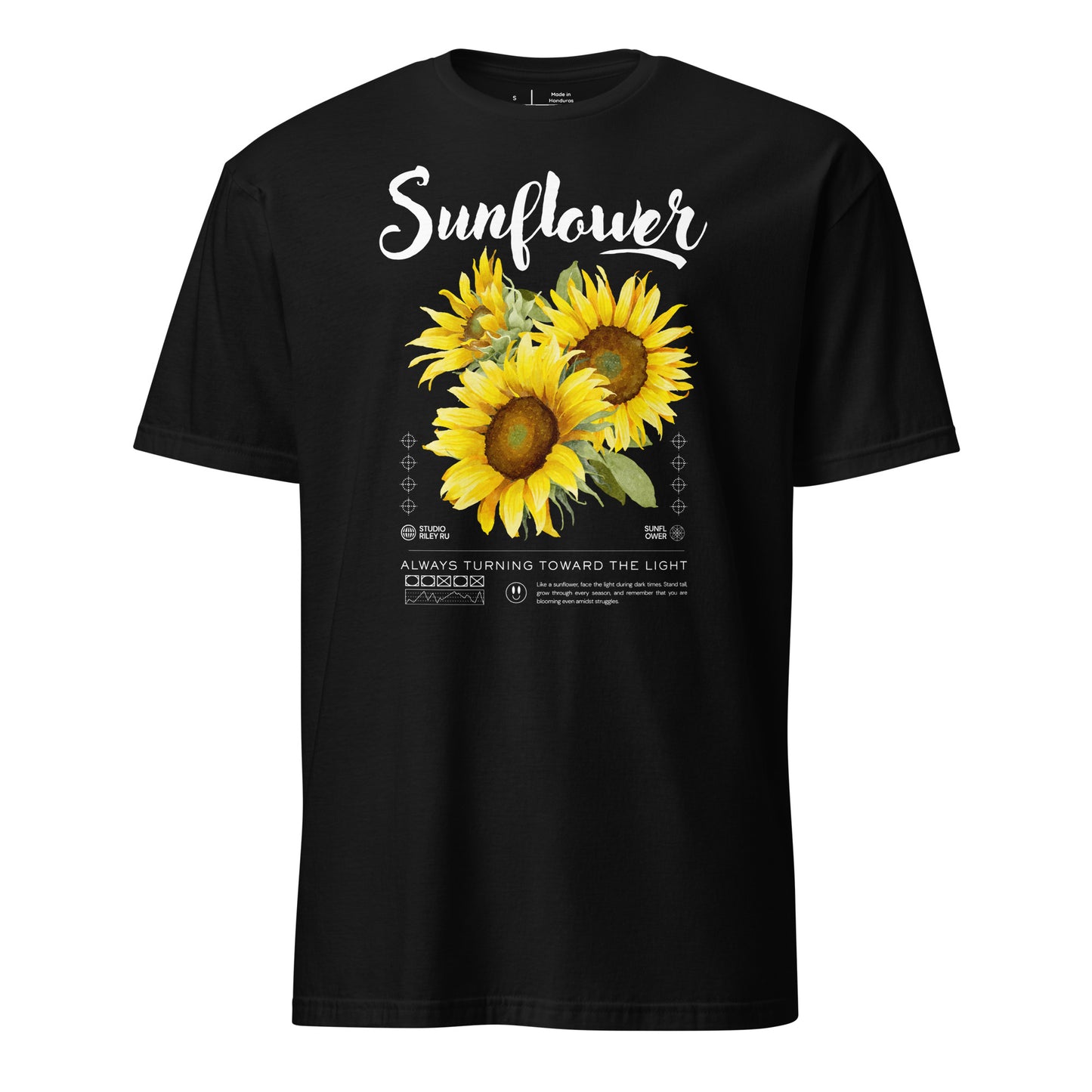 Black t-shirt with sunflower design and text on a white background