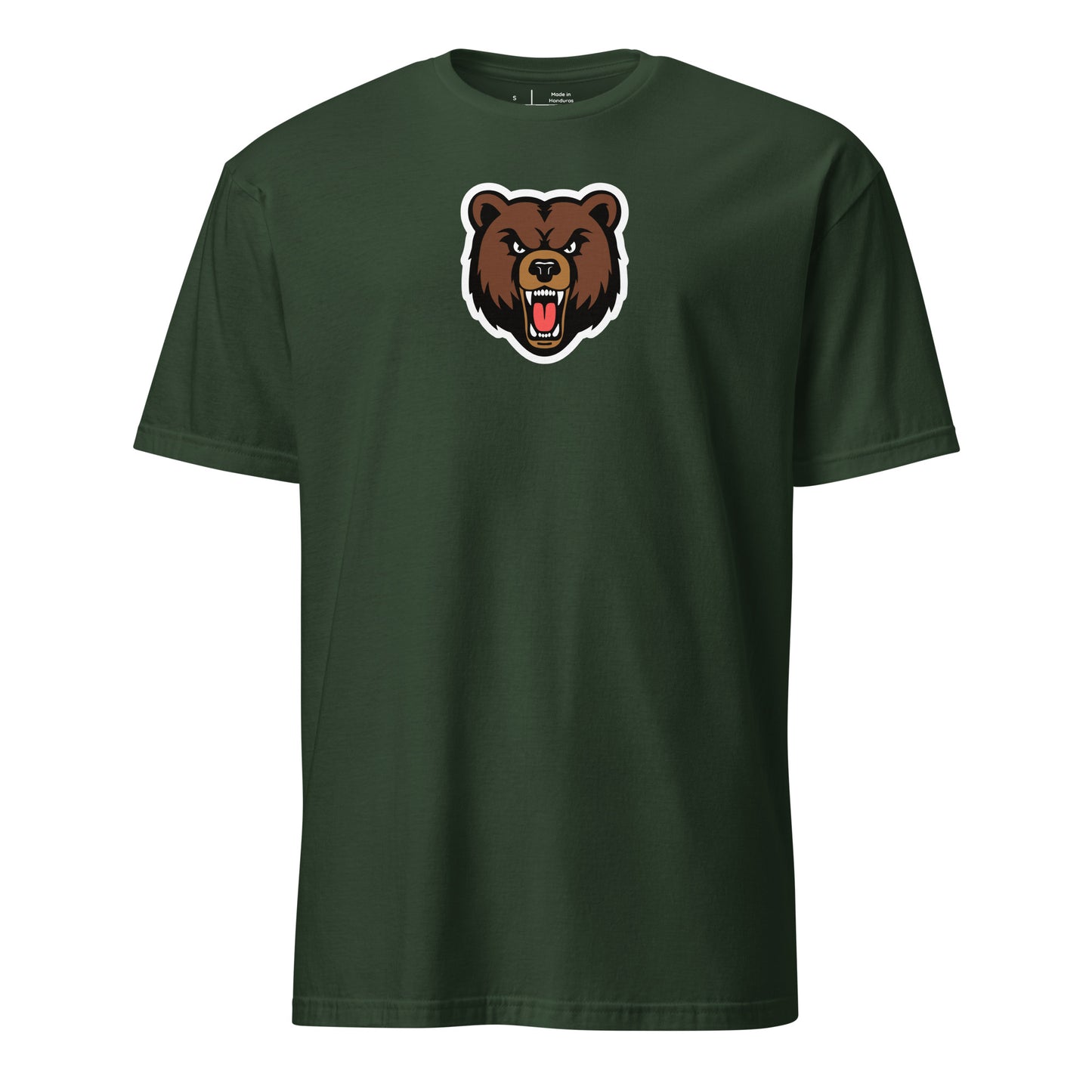 Green t-shirt with a bear graphic on a white background