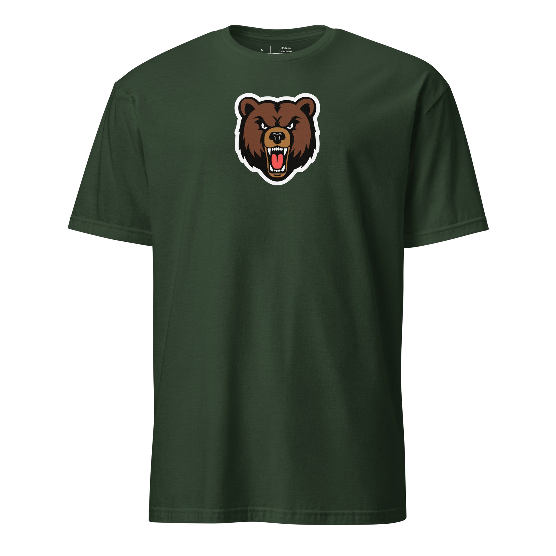 Green t-shirt with a bear graphic on a white background