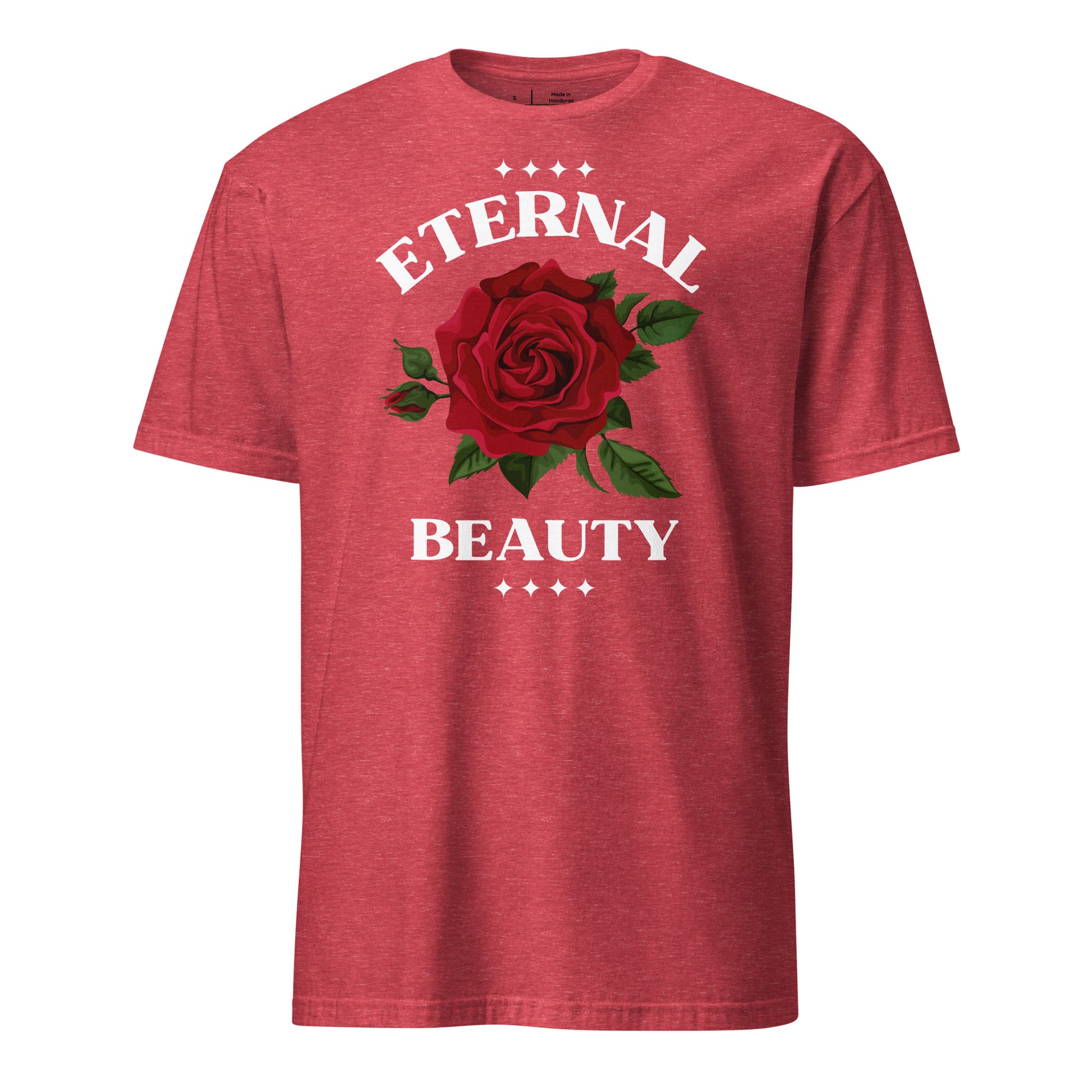 Red t-shirt with a rose graphic and 'Eternal Beauty' text on a white background