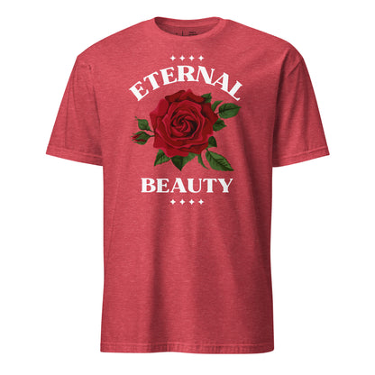 Red t-shirt with a rose graphic and 'Eternal Beauty' text on a white background