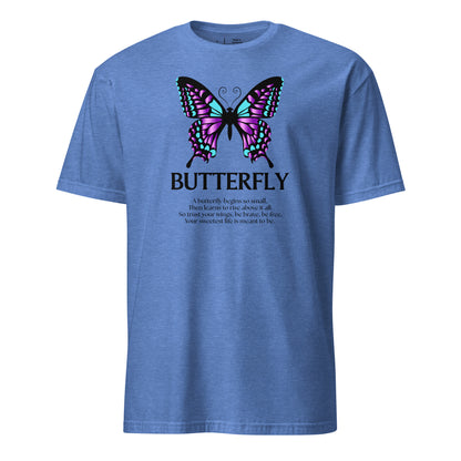 Blue t-shirt with a butterfly graphic and text on a white background
