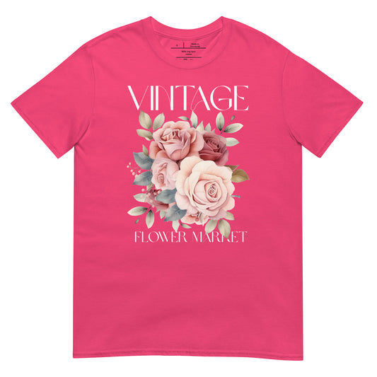 Pink t-shirt with floral design and 'Vintage Flower Market' text on a white background