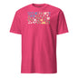 Pink t-shirt with floral design on a white background