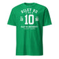 Green t-shirt with white text and numbers on a white background