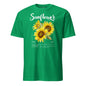 Green t-shirt with sunflower design and text on a white background