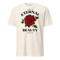 White t-shirt with a red rose and 'Eternal Beauty' text on a white background