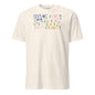 White t-shirt with colorful floral design on a white background