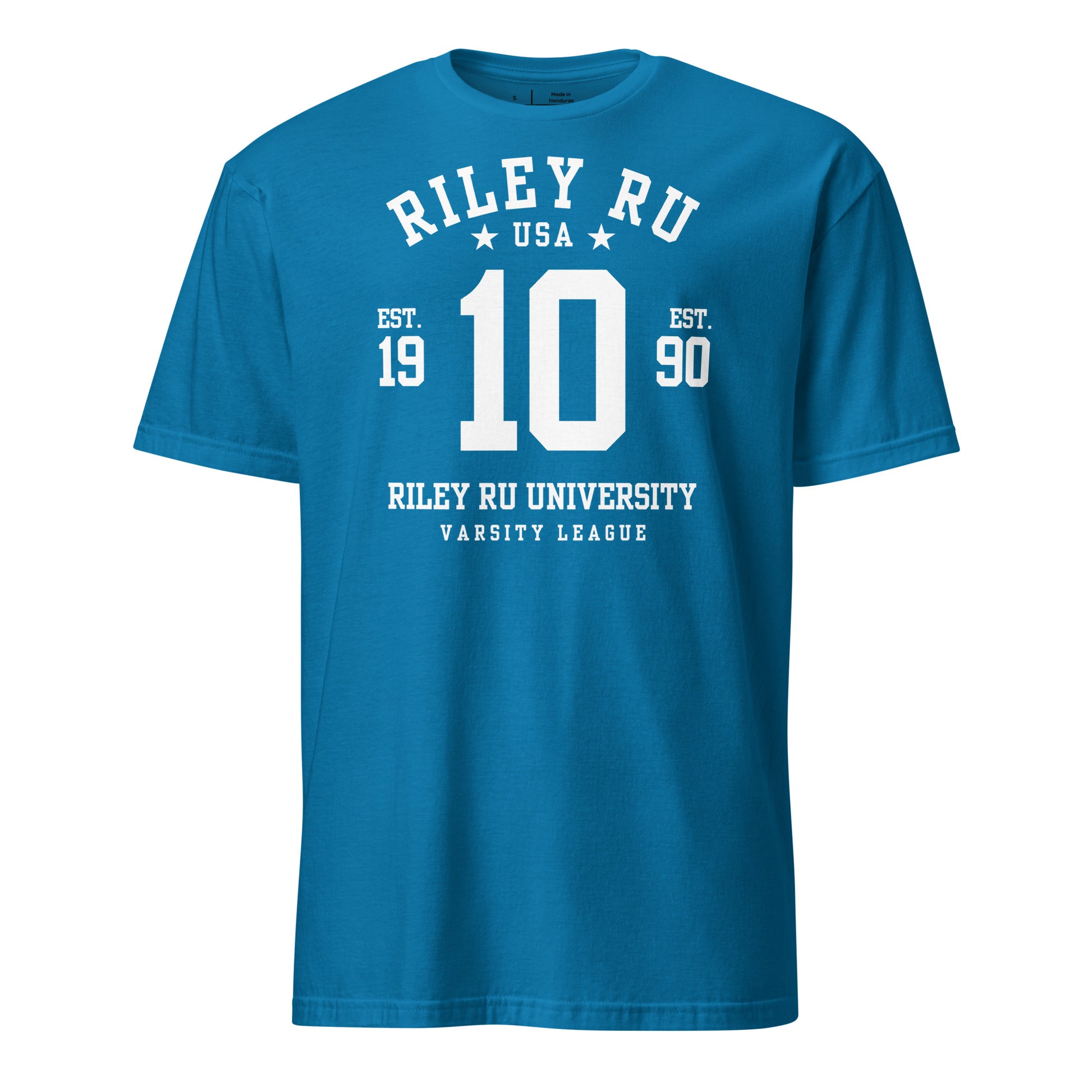 Blue t-shirt with white text and numbers on a white background