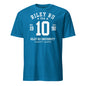 Blue t-shirt with white text and numbers on a white background