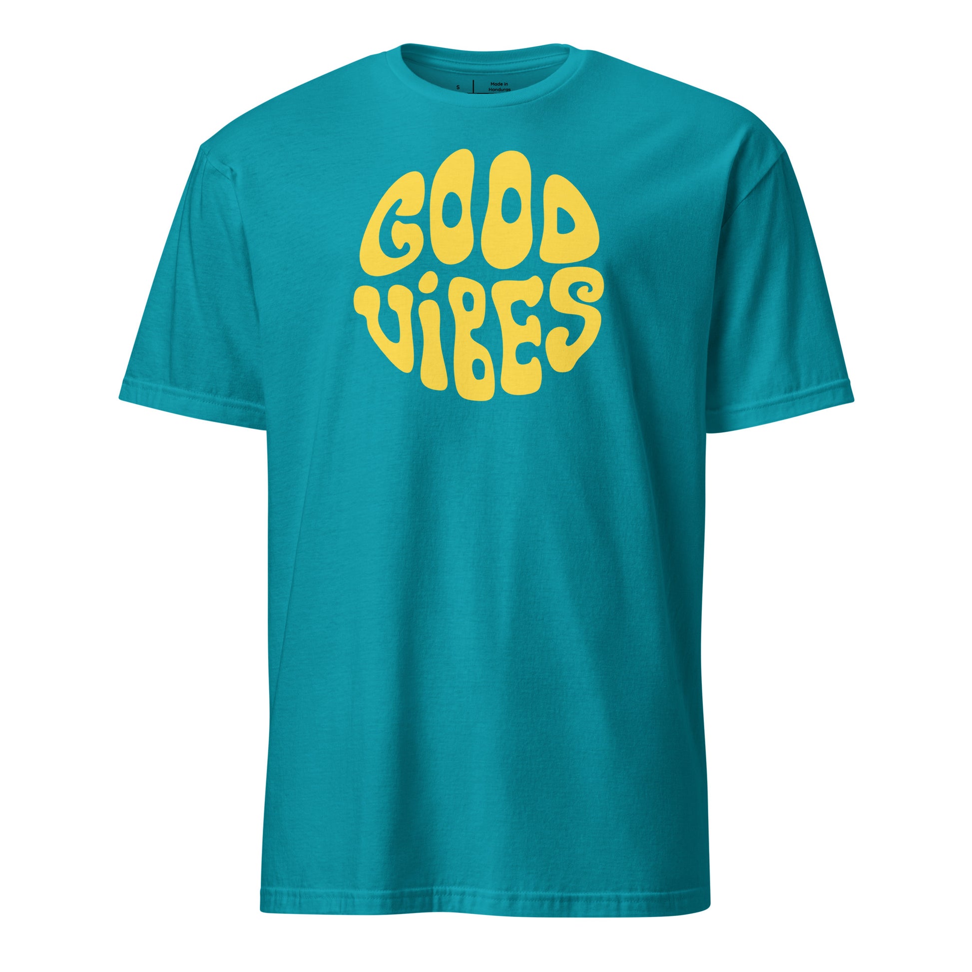 Teal t-shirt with 'Good Vibes' text in yellow on a white background