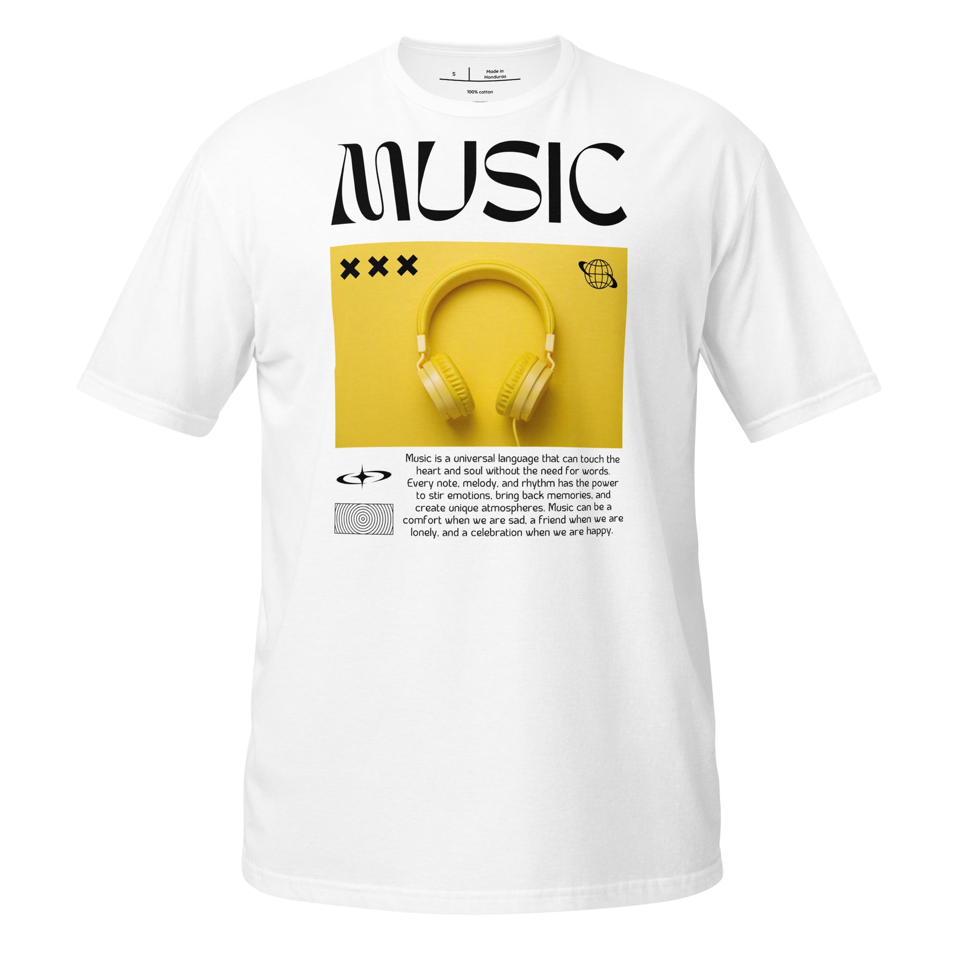White t-shirt with a graphic of yellow headphones and the word 'MUSIC' on a white background