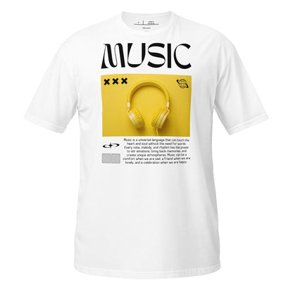 White t-shirt with a graphic of yellow headphones and the word 'MUSIC' on a white background