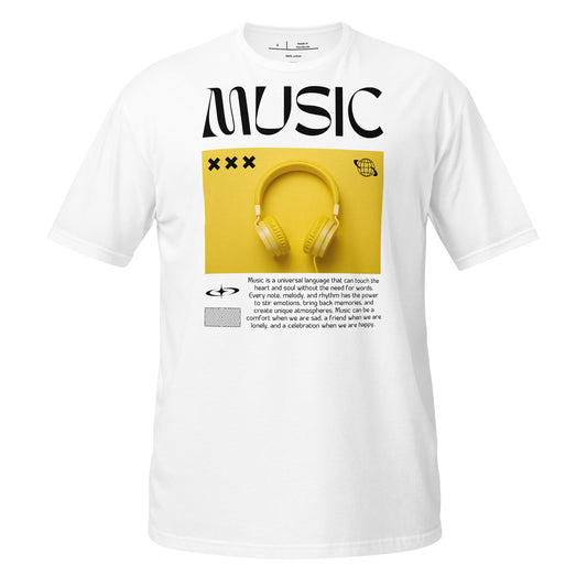 White t-shirt with a graphic of yellow headphones and the word 'MUSIC' on a white background
