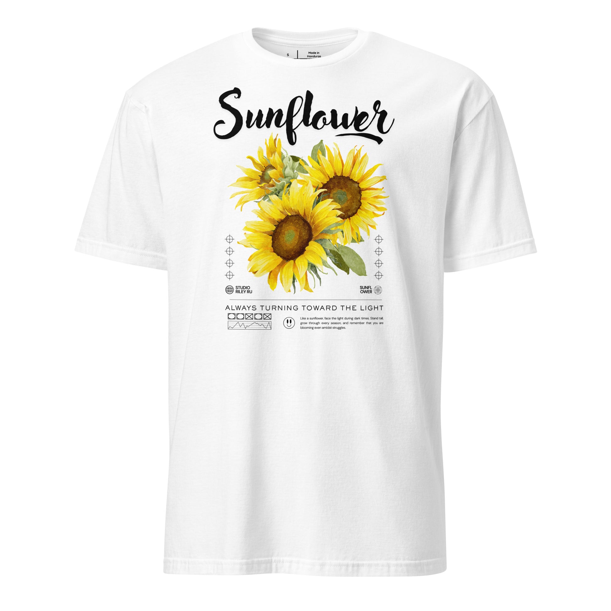 White t-shirt with sunflower design and text on a white background