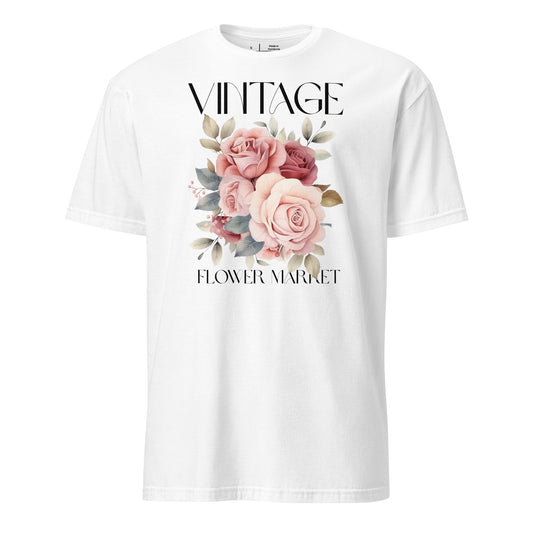 White t-shirt with floral design and 'Vintage Flower Market' text on a white background