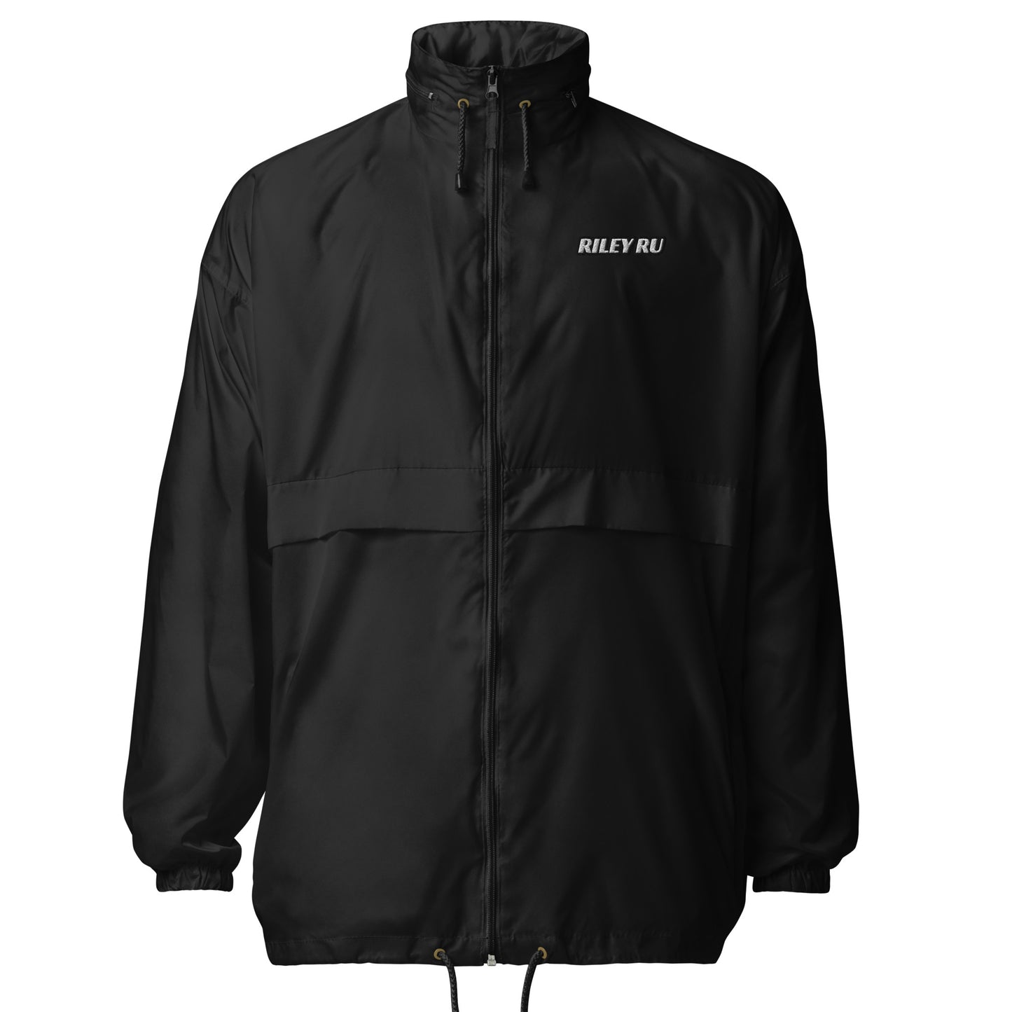 Black jacket with a logo on a white background