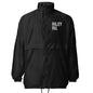 Black jacket with a logo on the chest against a white background