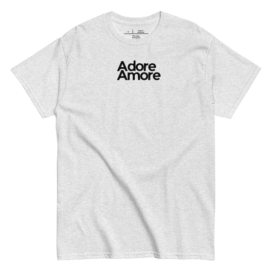 Gray t-shirt with 'Adore Amore' text on a white background