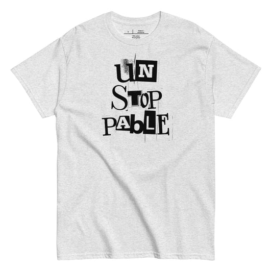 Gray t-shirt with 'UNSTOPPABLE' text on a white background