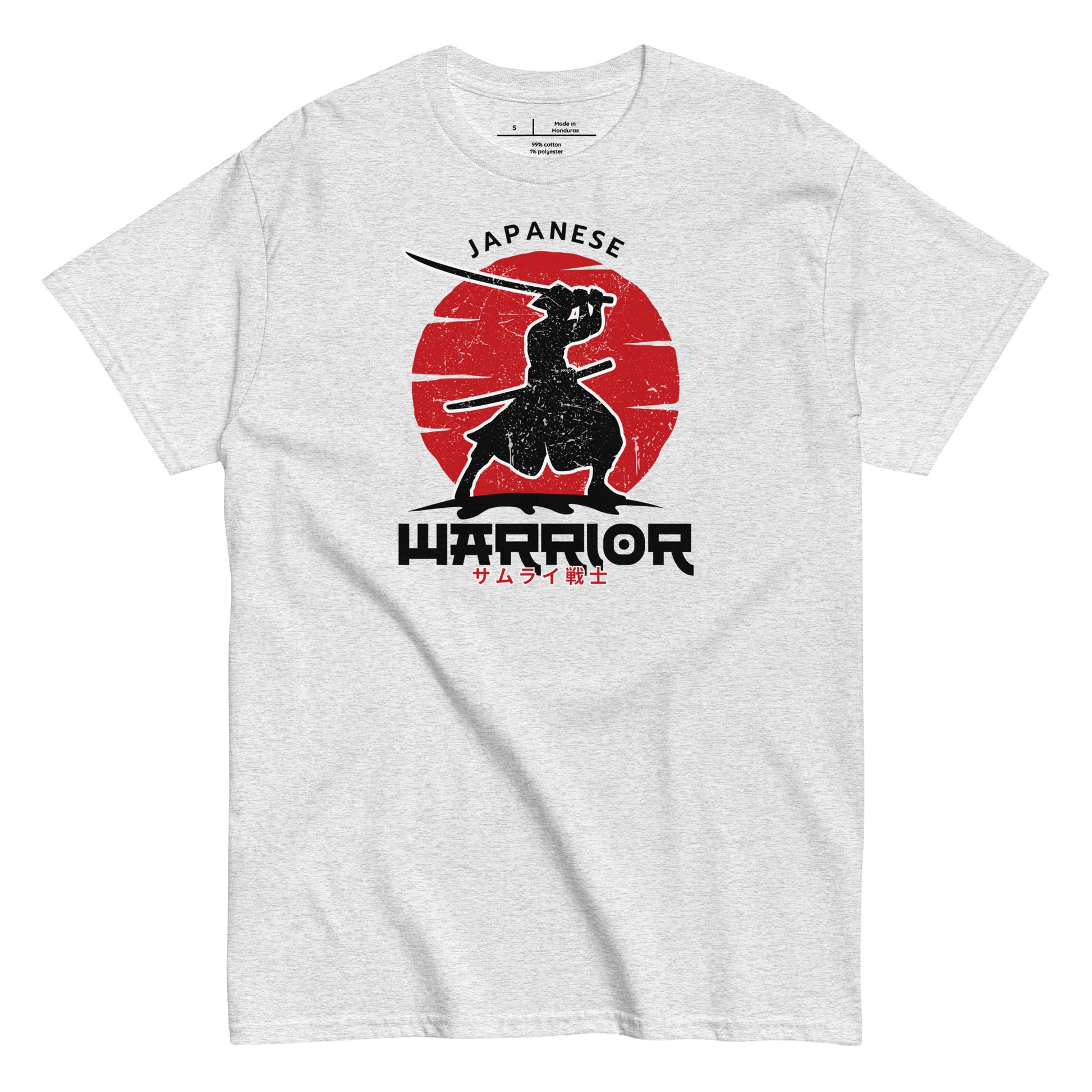 Gray t-shirt with a Japanese warrior design featuring a red circle and black silhouette of a warrior holding a sword.
