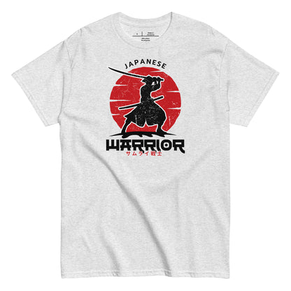 Gray t-shirt with a Japanese warrior design featuring a red circle and black silhouette of a warrior holding a sword.