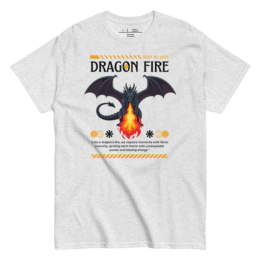 Gray t-shirt with a dragon graphic and 'Dragon Fire' text on a white background