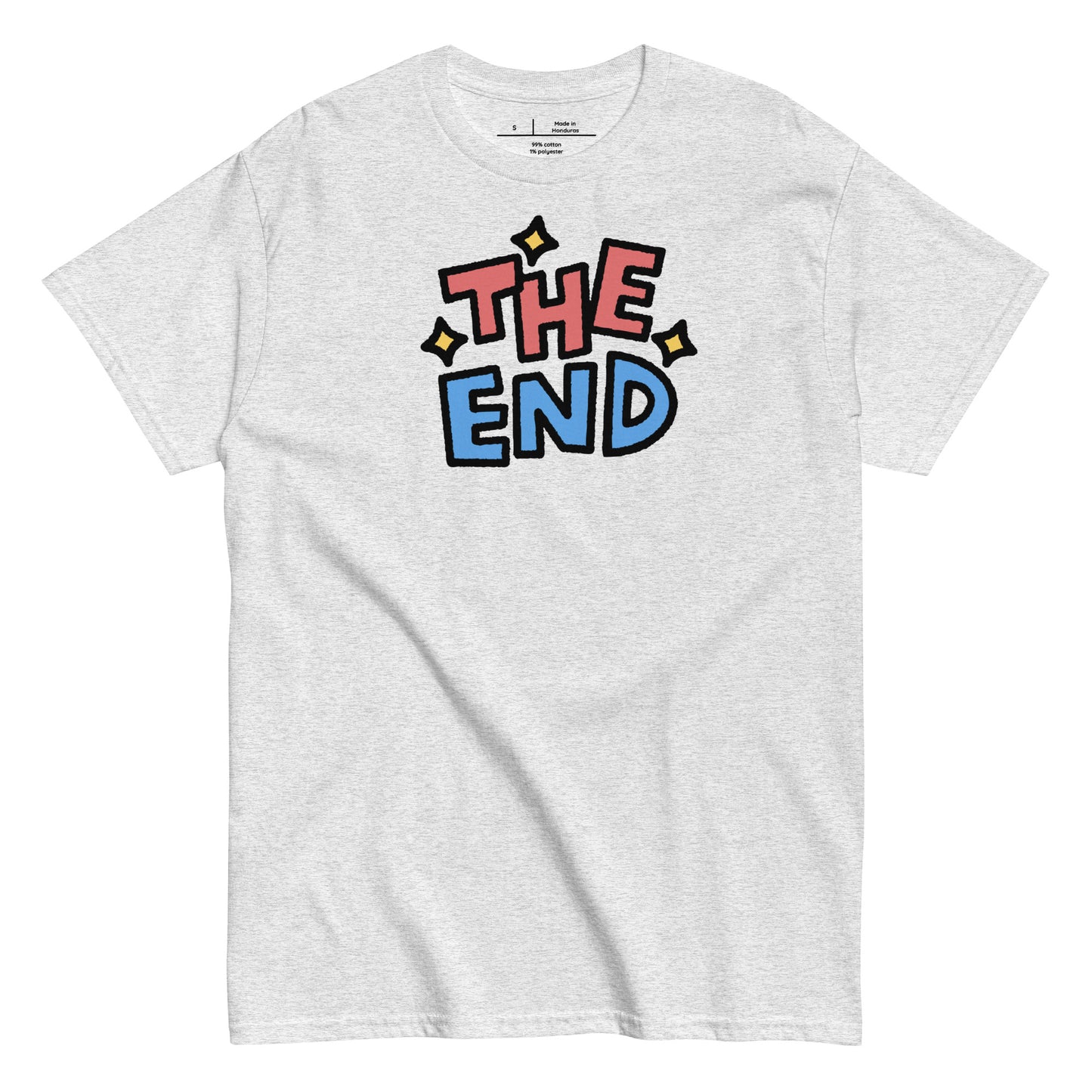 Gray t-shirt with colorful 'THE END' text design on a white background