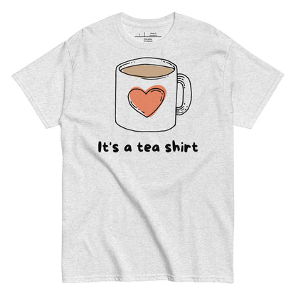 Gray t-shirt with a graphic of a coffee mug with a heart and text 'It's a tea shirt' on a white background