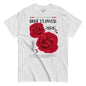 Grey t-shirt with red roses and text on a white background