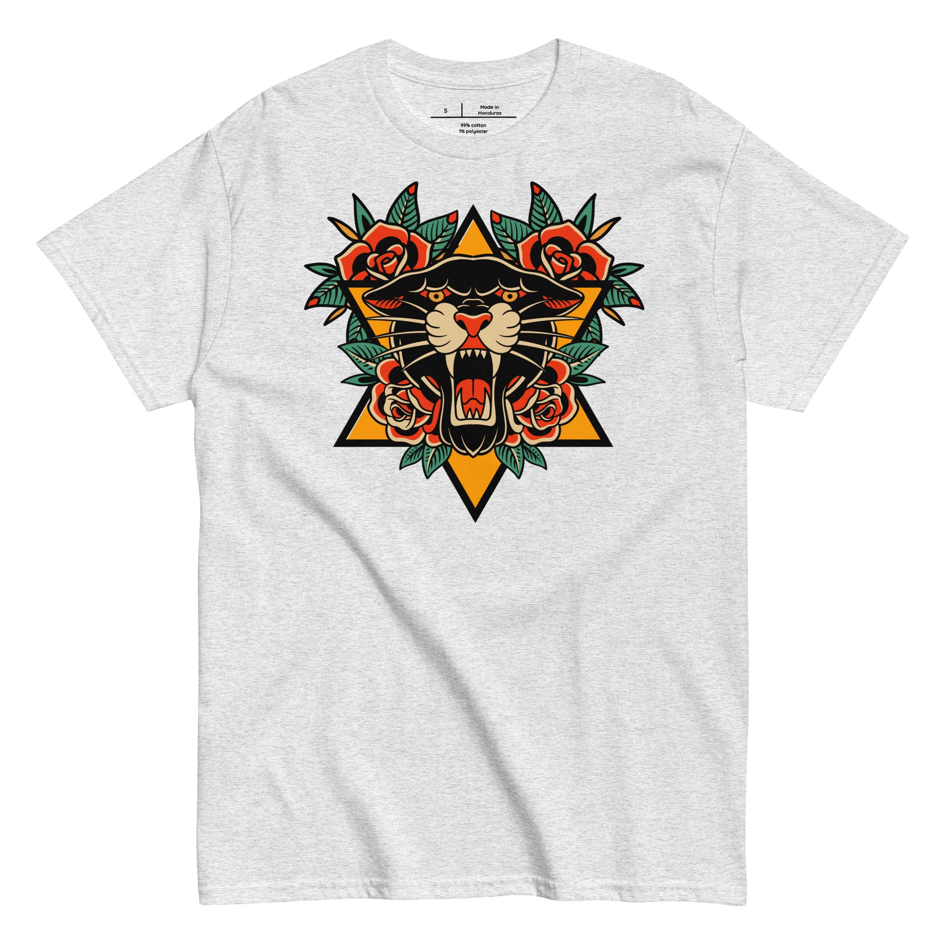 White t-shirt with a panther and floral design on a white background