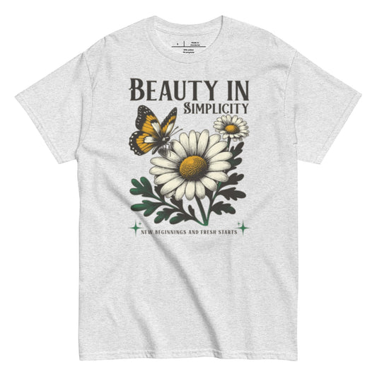 Gray t-shirt with a graphic of flowers and a butterfly, featuring the text 'Beauty in Simplicity'.