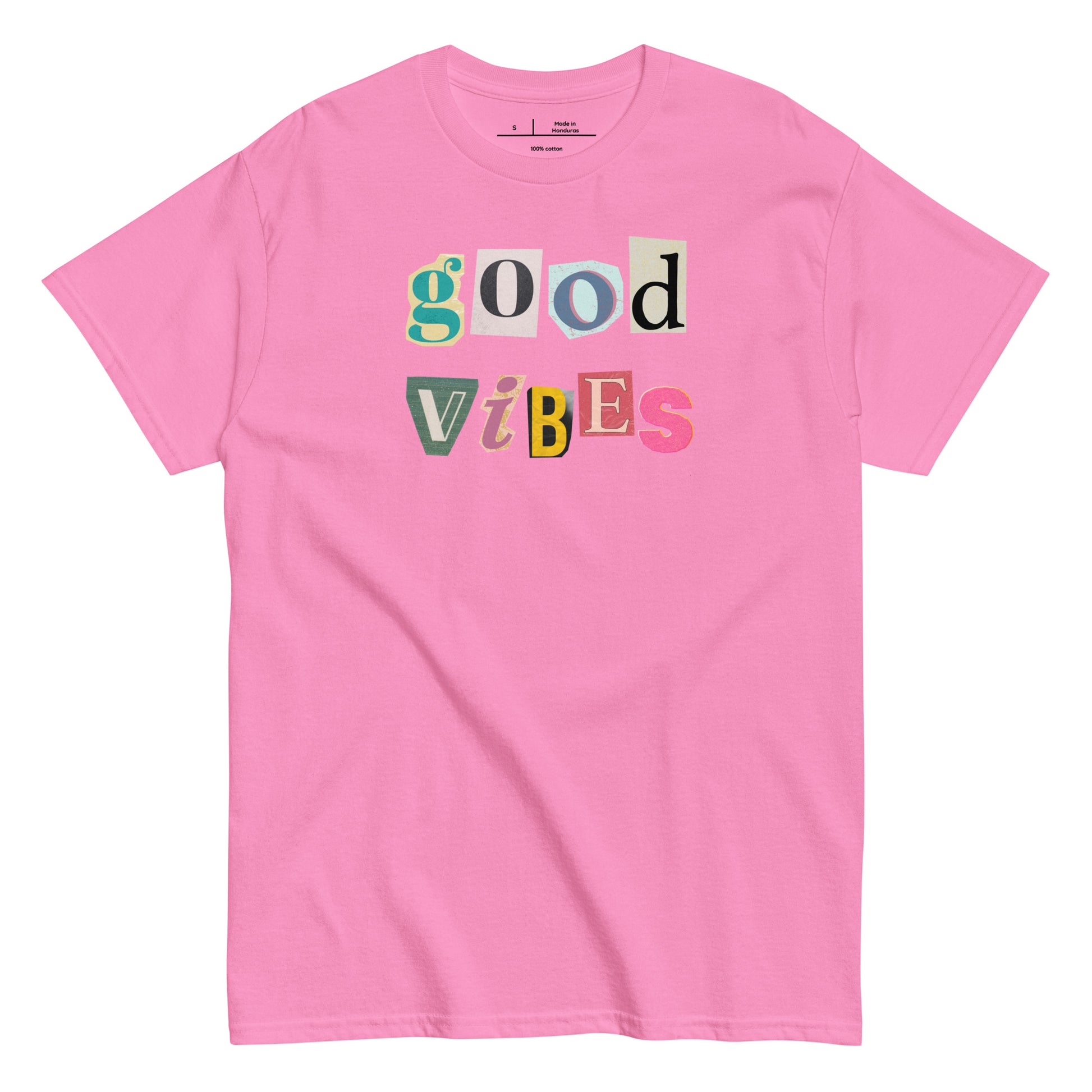Pink t-shirt with 'good vibes' text in colorful letters on a white background